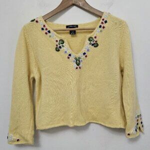 BOSTON PROPER Women's Yellow Floral Embroidery Wool Crop Sweater Size M